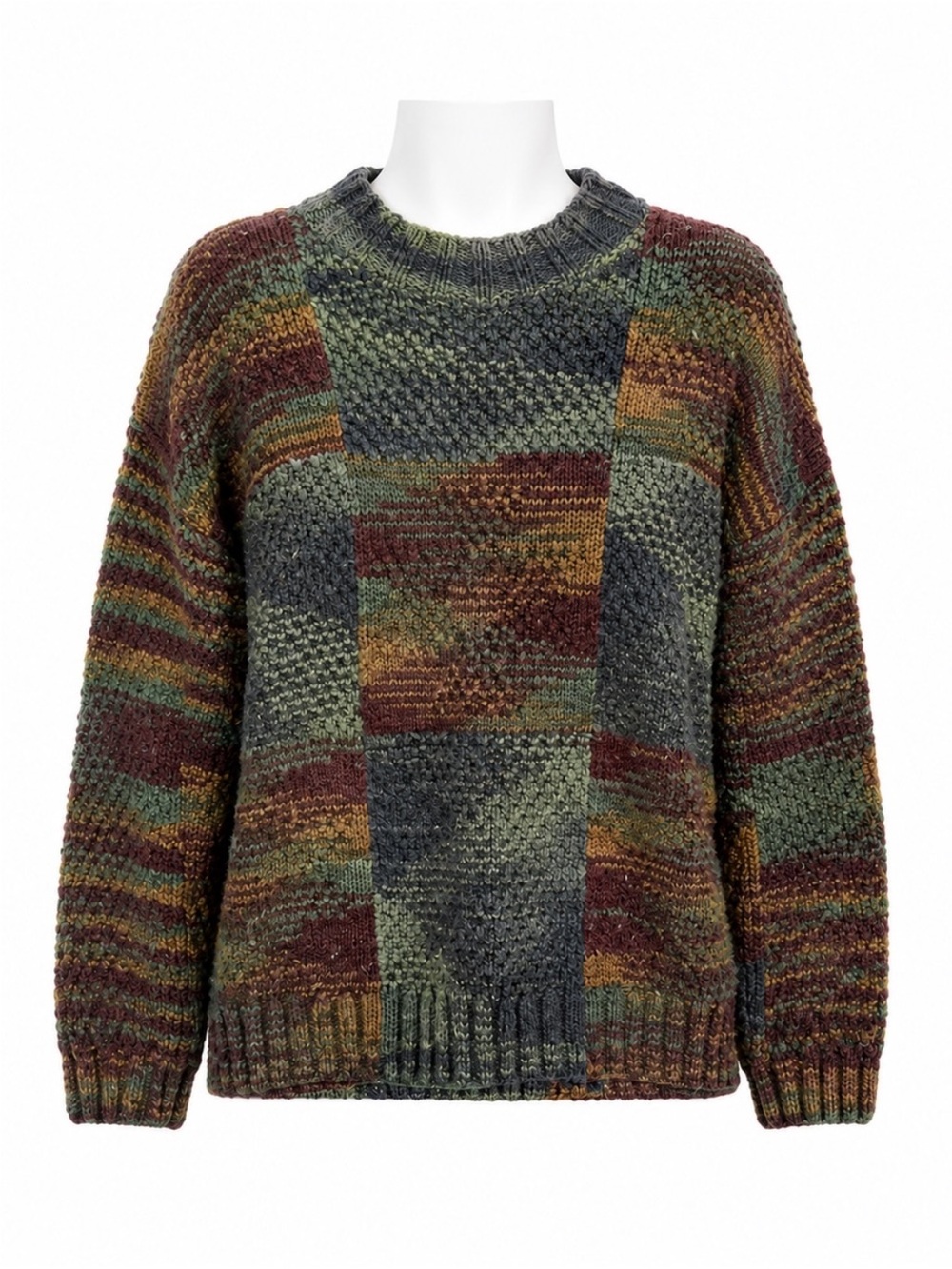 Size XL Handmade Women’s Hand Knit Patchwork Chunky Wool Blend Oversized Sweater